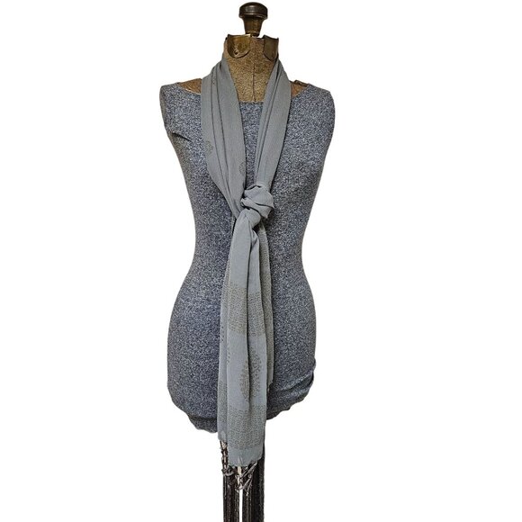A.Brod Fashion Accessories Lightweight Grey Scarf Gold Paisley Pattern Fringe - Picture 3 of 6